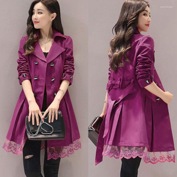 Frauen Trenchcoats Schwarz Rot Rosa Mantel Für Frauen Plus Größe Mantel Weibliche Herbst Zweireiher Knopf Windjacke Spitze Duster Cardigan