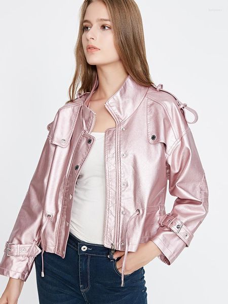 Damen Leder Aoottii Frühling Frauen Moto Biker Licht Farbe Faux Kurze Jacke Streetwear Weibliche Lose Zipper Mantel Damen Outwear