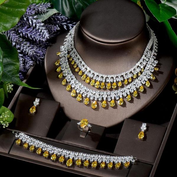 Серьги ожерелья набор Hibride Luxury 4pcs и ювелирные изделия для воды капля желтого цвета Женщины свадебные аксессуары N-1296