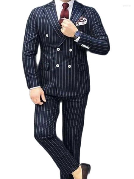 Abiti da uomo Blu Navy Pantaloni da uomo Stripe Blazer da uomo Slim Wedding Smoking da sposo maschile Prom (Pantaloni giacca) 2 pezzi Costume Homme Ternos