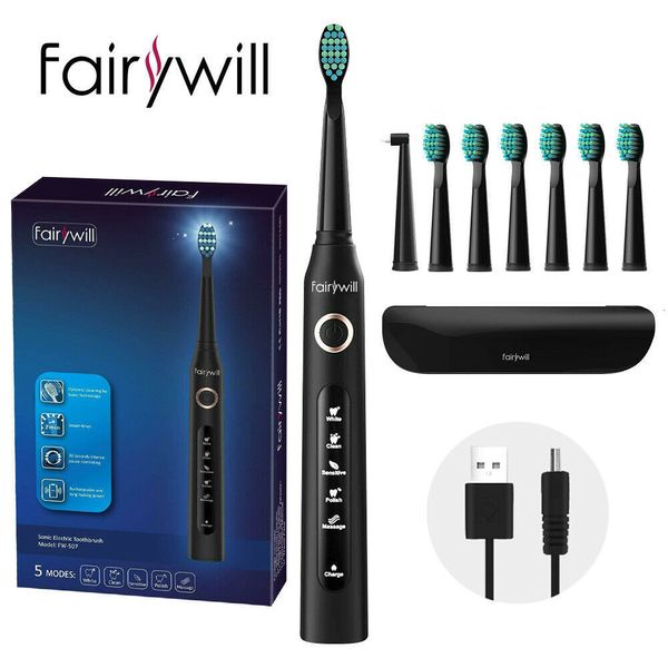 Spazzolino da denti Fairywill Electric Sonic Toothbrush FW507 Carica USB ricaricabile Dente elettronico impermeabile 8 spazzole Testine di ricambio per adulti 230308