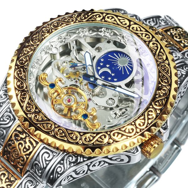 Orologi da polso Forsining Orologio automatico da uomo Scheletro meccanico Orologi da uomo Top Brand Luxury Inciso Vintage Moon Phase Steel 230307