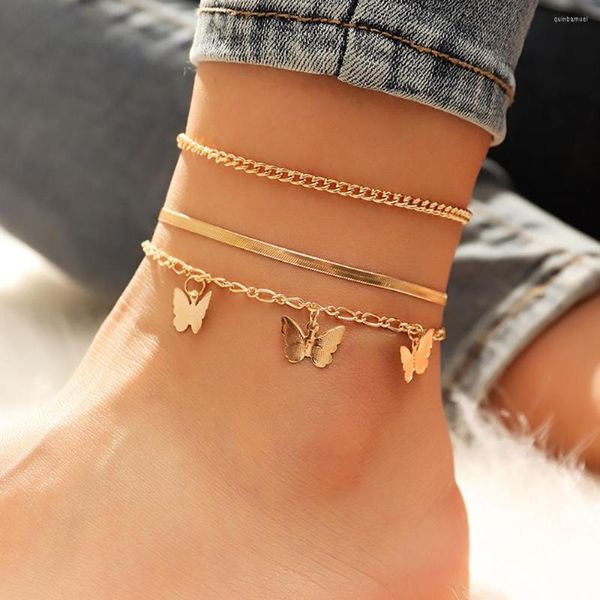 Tornozinhos 3pcs Cadeia de borboleta dourada boêmia para mulheres meninas moda moda com várias camadas de tornozelo de tornozelo de tornozelo jóias