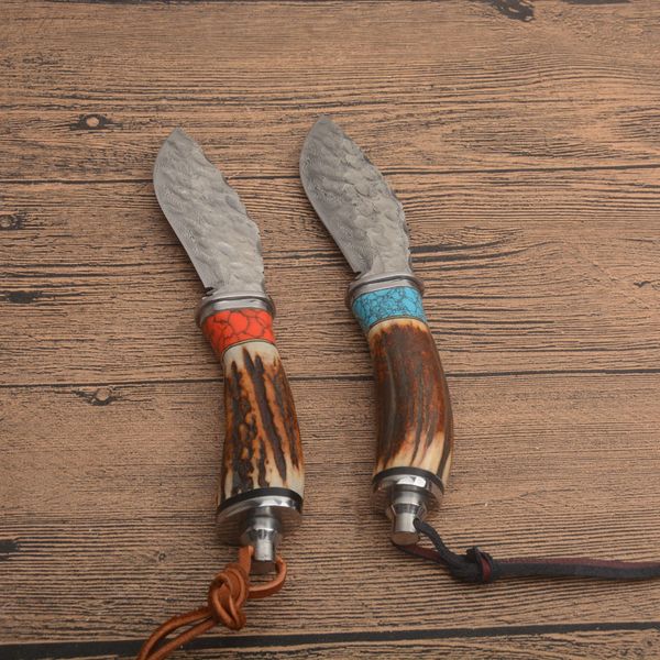 Neue Ankunft G7202 Damscus Feste Klinge Jagdmesser Drop Point Klinge Deer Horn Griff Outdoor Camping Wandern Angeln Jagd Überleben gerade Messer