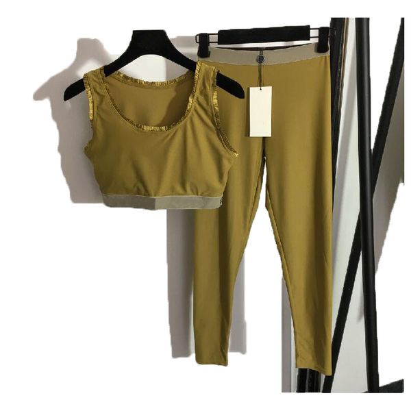 Set di pantaloni a due pezzi da donna Tuta sportiva per yoga alla moda Collant sexy con gilet a V profondo tuta sportiva di design di lusso TAGLIA S-XL