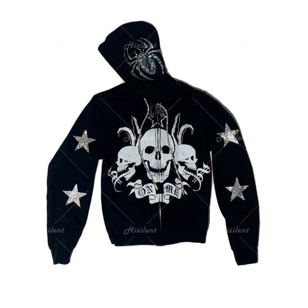 Frauen Strass Spinne Schädel Print Streetwear Übergroße Hoodies Frauen Jacke Mantel Goth Harajuku Y2k Kleidung Grunge Zip Hoodies