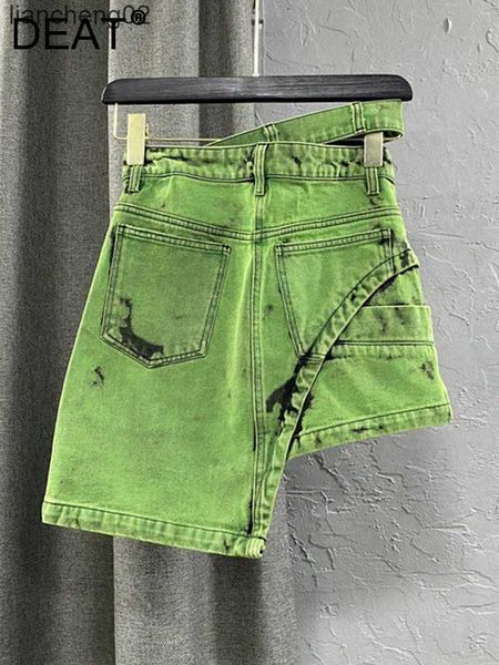 Gonne DEAT Fashion Design a vita doppia personalizzato da donna Gonna di jeans a trapezio verde Gonne corte asimmetriche Hot Girl Primavera 11Q227 W0308