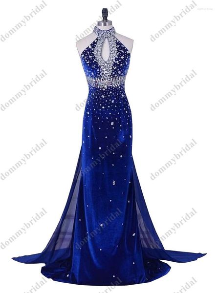 Partykleider Bescheidenes Königsblau Stehkragen Samt Prom Strass Etuikleid Chiffon Schleppe Formelle Abendkleider für Frauen in Übergröße