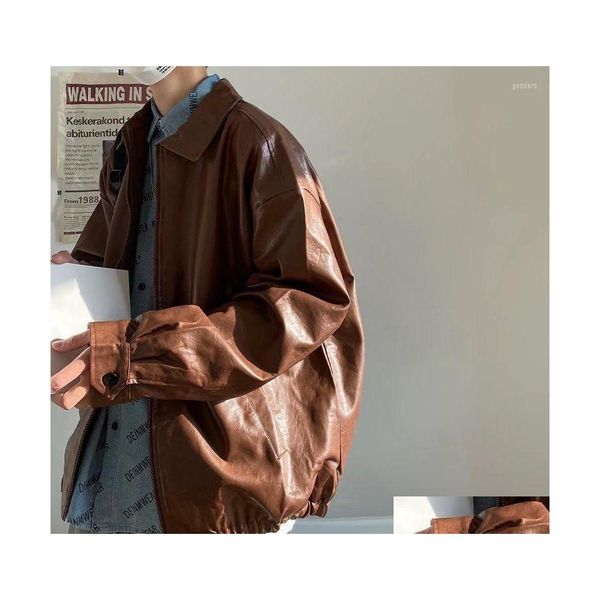 Menas de couro de pele de peles masculino masculino Brown Brown Retro motocicleta Autumn Korean Moda Fried Street Loose Bomber Learher Co Dhleh