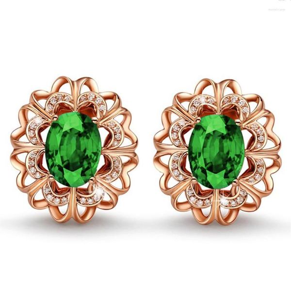 Brincos de garanhão clássico de cristal verde esmeralda pedras de diamantes florestas para mulheres 14k Gold rosa Acessórios para festas de jóias cheias de ouro rosa