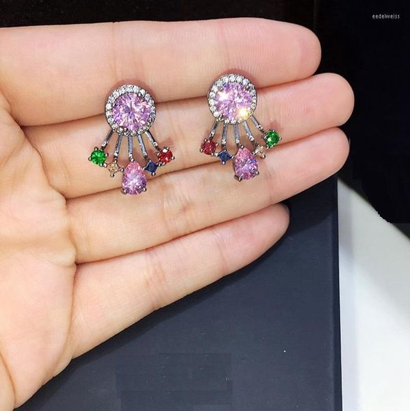 Brincos de garanhão Promoção rosa Brincho de flor de zircão preto Mulheres coloridas 925 pino de orelha elegante jóias de noivas apunhaladas