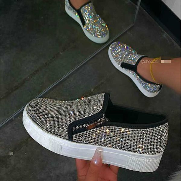 Sapatos sociais femininos tênis plataforma vulcanizados femininos bling cristal mocassins outono feminino casuais sapatilhas femininas com zíper sapatos esportivos tamanho grande 3543