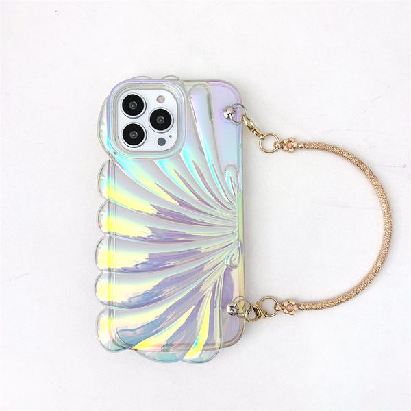 3d Buntes Shell Glitter Laser Telefon Hülle für iPhone 14 Pro Max 11 12 13 Pro Max Luxus transparent plissierte Stoßdämpferabdeckung mit Metallhandkette