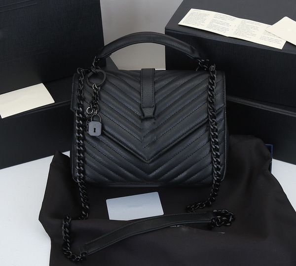 2023 Nova Bolsa Feminina 5A Bolsa de Luxo Bolsa de Ombro Marca LOULOU Designer em Forma de Y Costura Couro Feminino Corrente de Metal Feminina Bolsas Mensageiro com Corrente Preta Pele de Cordeiro