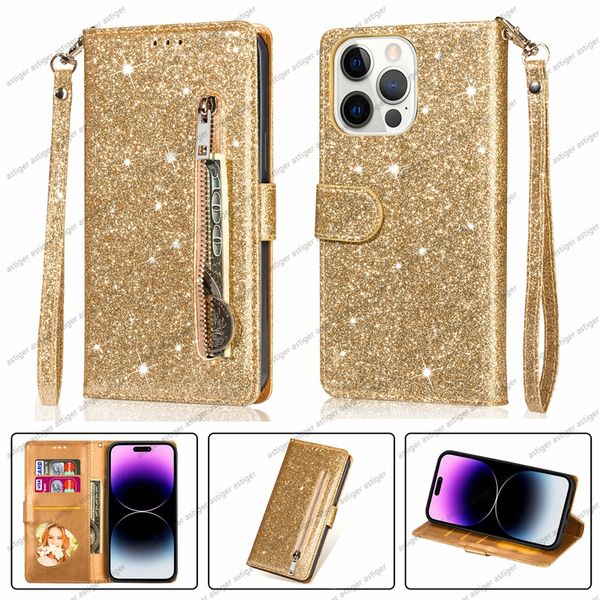 Custodia in pelle PU per iPhone 14 13 12 11 Pro Max XR Xs 6 7 8 plus Custodia per telefono Glitter Wallet Card Slot Zipper Luxury Luxury Fashion Case per Samsung Galaxy S23 Goole Pixel 7 6A