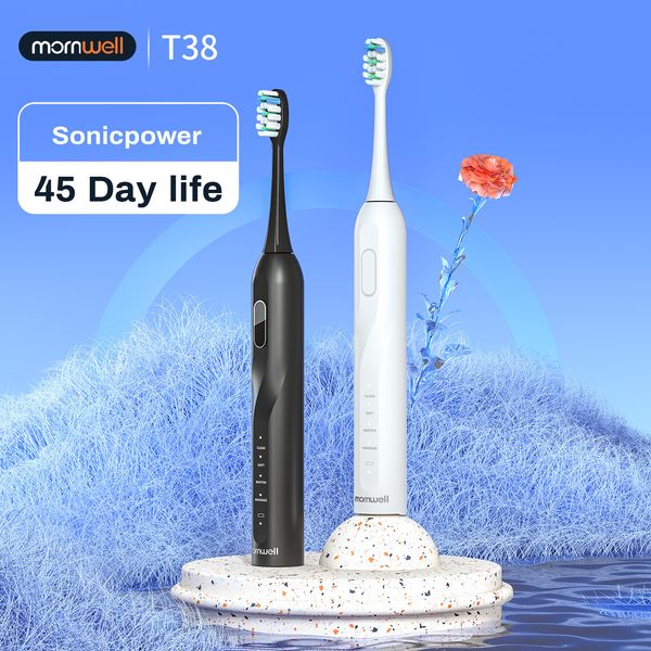Escova de dentes Mornwell Electric Sonic Toothbrush T38 Charge USB Adulto Preceta de dente ultrassônico e de dente automático adulto 8 cabeças de substituição 230308