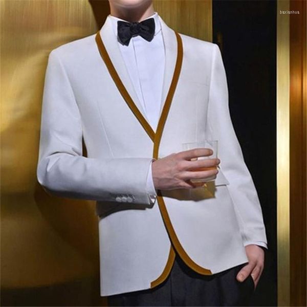 Ternos masculinos de ouro branco Trim masculino estilo de verão 2Pieces (calça de jaqueta gravata) Ternos Masculinos Slim Fit Wedding Grooms Tuxedos Blazer