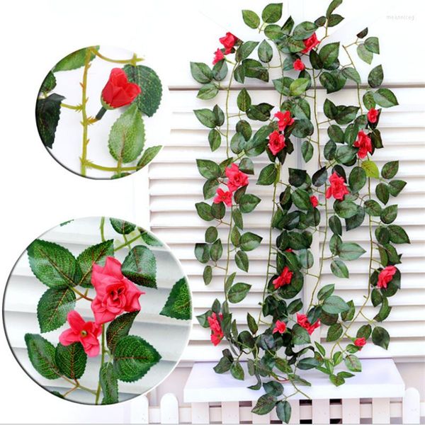 Flores decorativas Decoração artificial de seda de seda vinha de casamento real corda de flor de toque real com folhas para decoração de suspensão em casa