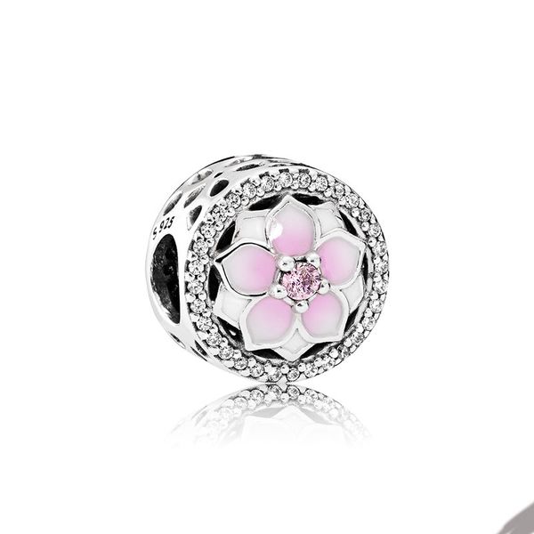 Durchbrochener rosa Magnolienblüten-Charm für Pandora 925 Sterling Silber Schlangenkette, Armband, Armreif, Charms-Set, Damen-Schmuckperlen, mit Original-Box-Set