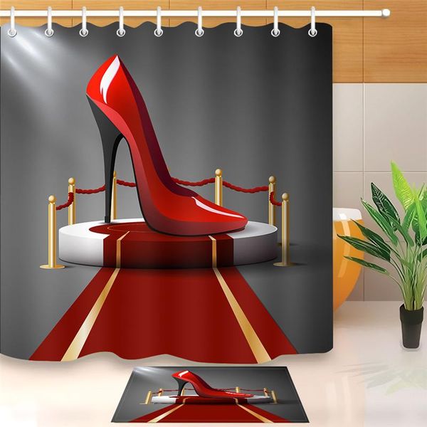 Duschvorhänge, LB, roter High-Heel-Vorhang, kreativ auf dem Teppich, modisch für Mädchen und Frauen, mit 12 Haken