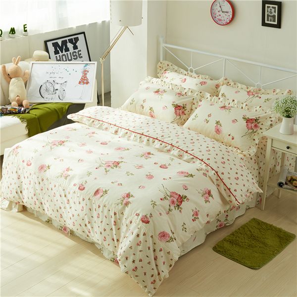 Set di biancheria da letto Chic Copripiumino floreale vintage con volant Set di lenzuola Elegante principessa Ragazze 100% cotone Morbido Twin Queen King Set di biancheria da letto 230308