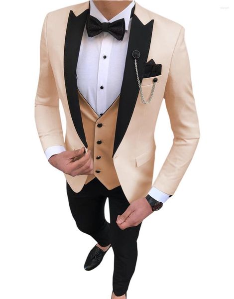 Мужские костюмы 2023 Beige Men Suit 3 Piece Slim Fit Casual Black Loom Groom смокинг для свадебных (брюк для жилетов куртки) Homme
