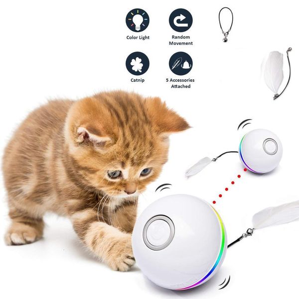 Toys de gato Automático Ball Smart Ball Interactive NIP USB Recarregável rotativo de penas de penas de LED coloridas para o gatinho 230309