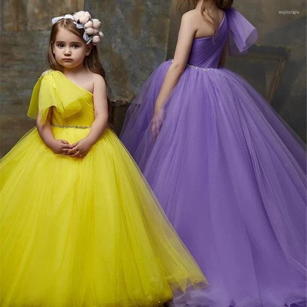 Vestidos de menina vestido de concurso para amarelo faixa brilhante de um ombro de flores para crianças princesas, vestidos de festa de aniversário da princesa
