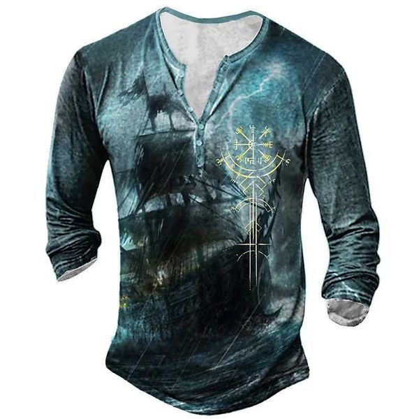 T-shirt da uomo 2022 T-shirt a maniche lunghe da uomo Cothing 3D Ship Print Henley Shirt T-shirt da uomo vintage in cotone T-shirt oversize Uomo Top G230309