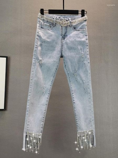 Jeans femininos 2023 Spring Rhinestone Finged Calças de lápis esticadas de cintura alta azul claro feminino de jeans de jeans de jeans fêmeas