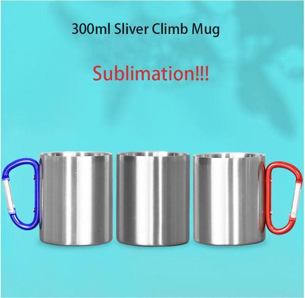 300 ml Sublimations-Camping-Kaffeetasse mit Karabinergriff, 325 ml, Camping-Reisebecher mit D-Ring-Karabinerhaken für Outdoor-Sport, Camping, Wandern, Klettern