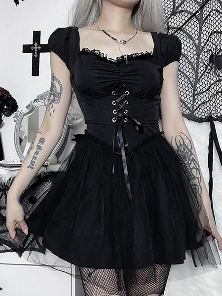 Parti Elbiseleri 2023 Dark Harajuku Lolita Mall Gotik A-line Mini Grunge Mesh Siyah Kadınlar Korse Elbise Düzenli Puf Kılıf Alt Partisi