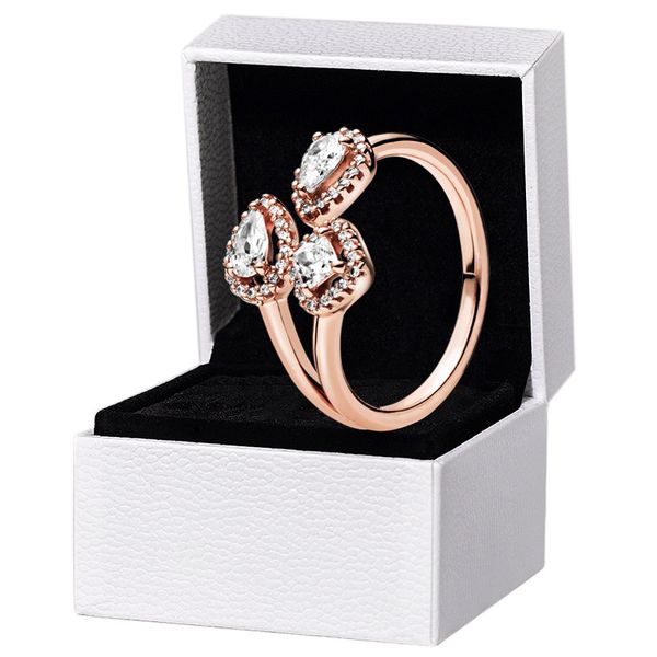 Gül Altın CZ Pırlanta Geometri Pandora için Açık Yüzükler Gerçek Sterling Gümüş Düğün Mücevherleri Kadınlar için Girlfriend Hediye Gözyaşı Halkaları Orijinal Kutu ile