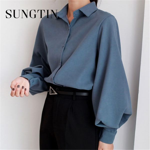 Dames Blouses Shirts Sungtin Elegant Office Lady Puff Sleeve Blouse Shirt Dames Herfst Lente Zacht Vintage Vrouwelijke OL Shirts Casual Losse Zwart Wit 230309