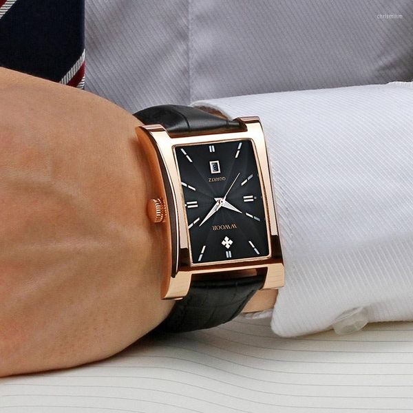 Armbanduhren 2023 WWOOR Blackck Square Herrenuhr Klassische Luxus Business Quarzuhr Mann Leder Wasserdicht Datum Armbanduhr Relogio