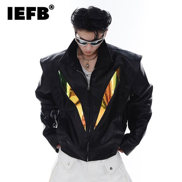 Mens Jaquetas IEFB Split Ombro Pad Pu Jaqueta De Couro Cor Contraste Patchwork Darkwear Stand Collar Masculino Casaco Curto Moda 9A7451 230309