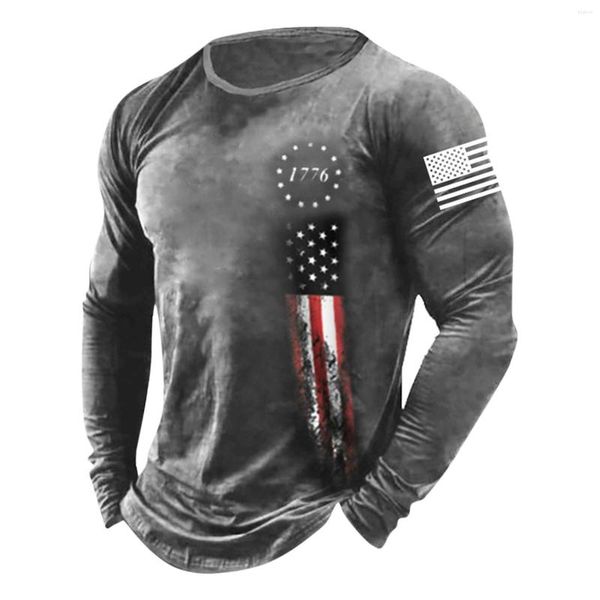 Magliette da uomo T-shirt a maniche lunghe americana Moda vintage Bandiera da uomo stampata Girocollo Pullover Abbigliamento sportivo elegante maschile
