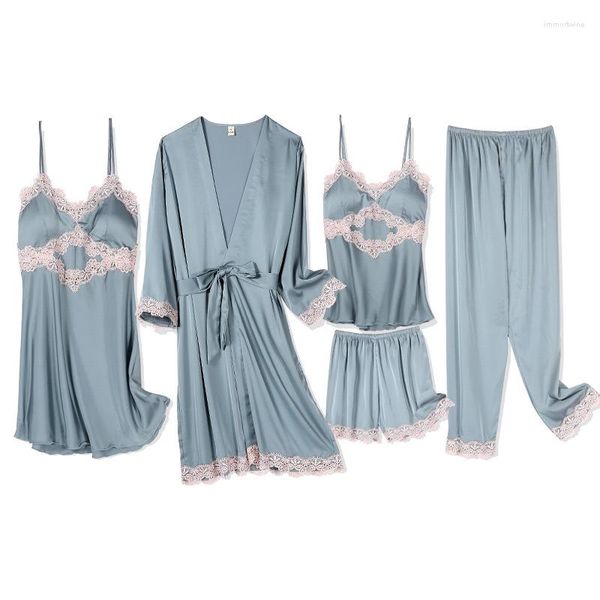 Sleepwear feminino 5pcs Sono Conjunto cinza Patrilho Cinza Manga longa Casual Cetin Nightwear Awear Feminino Novidade Kimono Bathrobe Home Home