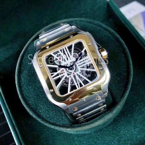 Top Mode Quarzuhr Männer Gold Silber Hohl Transparent Zifferblatt 40mm Klassische Quadratische Design Armbanduhr Herren Elegante Voll edelstahl Uhr 1764