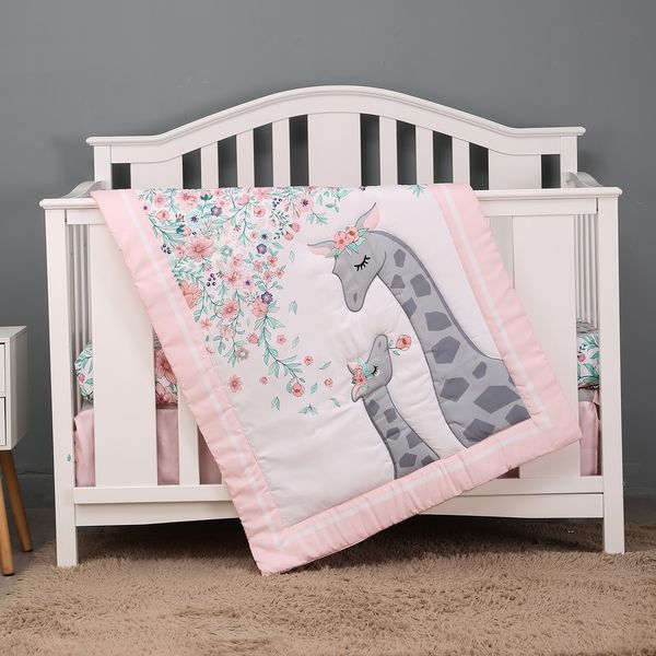 Set di biancheria da letto 3 pezzi in microfibra spazzolata Set biancheria da letto per culla rosa design girrafe per ragazze, incluso trapunta lenzuolo per culla 230309