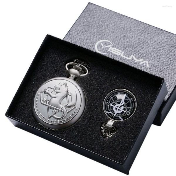 Taschenuhren Vintage Fullmetal Silber Uhr Alchemist Uhr Anhänger Halskette Kette Weihnachtsgeschenke für Mädchen Jungen