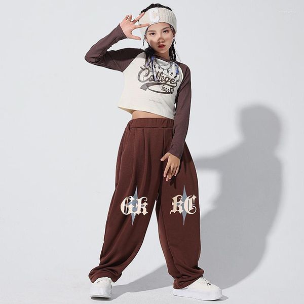 Abbigliamento da palcoscenico Ragazze Top a maniche lunghe Ombelico Costume da ballo jazz Pantaloni hip-hop marroni larghi Concerto Kpop Suit Bambini Abiti Hip Hop BL9318