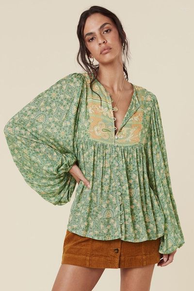 Damenblusen Vintage Chic Langarm Herbstmode Bluse V-Ausschnitt Rayon Baumwolle Quaste Sadies Shirts Lässige Damen Boho Blusas Beachwear