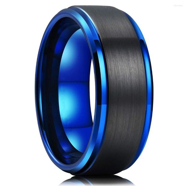 Hochzeit Ringe Mode 8mm Schwarz Gebürstet Titan Edelstahl Für Männer Frauen Blaue Farbe Rand Ring Party Schmuck Geschenke