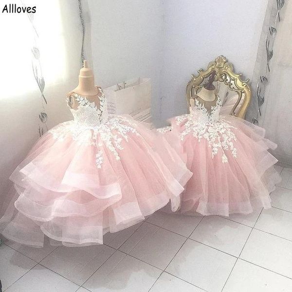 Errötende rosa Blumenmädchenkleider für die Hochzeit, durchsichtiger Ausschnitt, Spitze, Stufen, flauschig, Prinzessin, Kleinkind-Erstkommunionkleid, Festzug für kleine Mädchen, Geburtstagsfeier, Ballkleider, CL1966