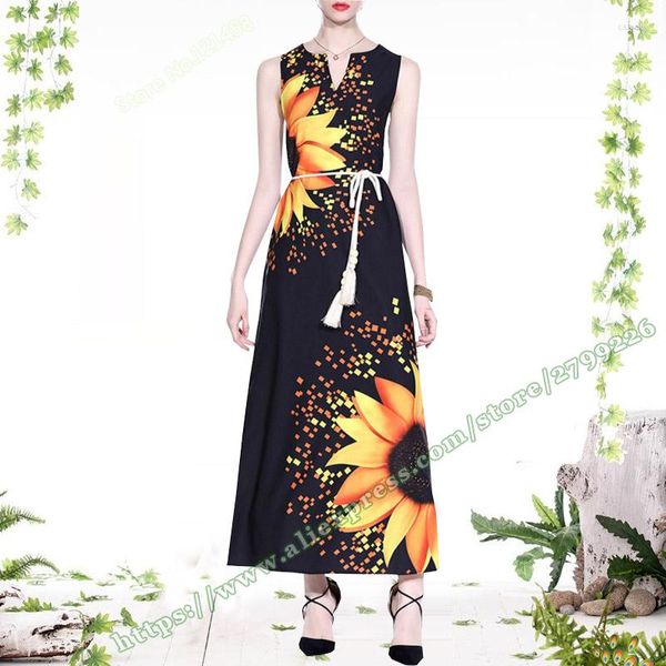 Vestidos casuais 2023 Moda de verão Vintage Floral Girassol Flor Printing Black Chiffon Long Maxi Dress Women