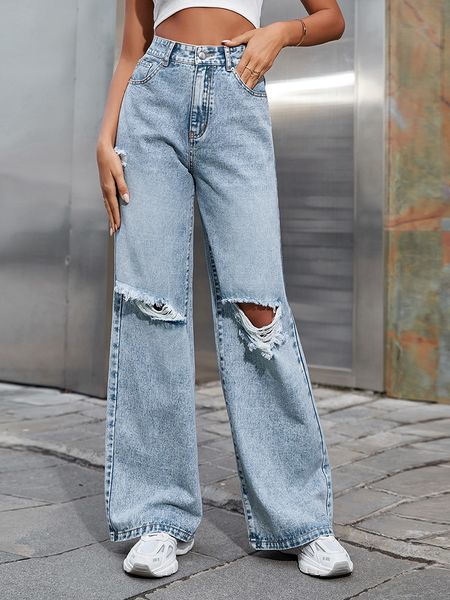 Damenjeans Herbst Hohe Taille Gerade Zerrissene Jean Blue Denim Hose Koreanische Kleidung Mode Streetwear Baggy Pants 230309