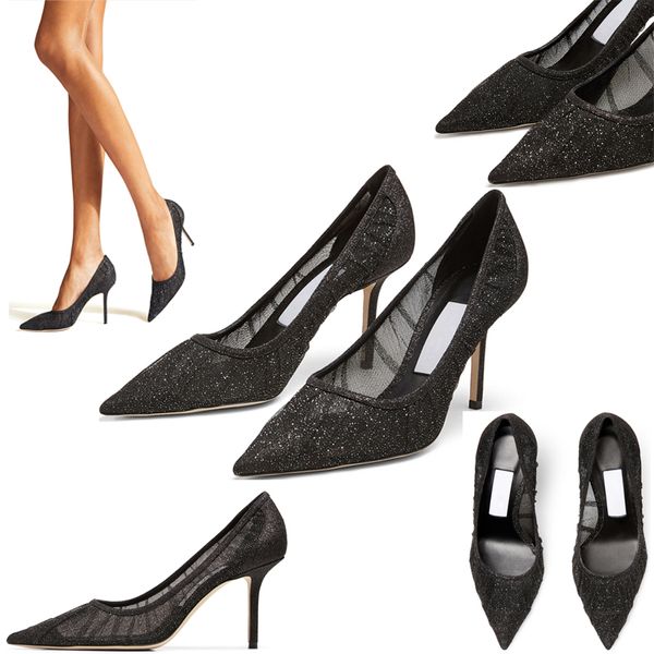 Модные летние женские сандалии насосы старшие Лондон Лав 85 мм высотой каблуки Рафинированные заостренные пальцы черные сетки Дизайнер блесток Италья