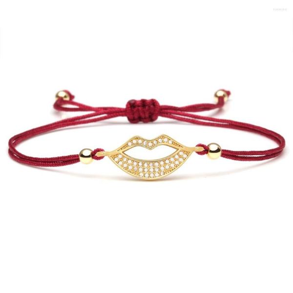 Bracelets de charme muito fofo branco zirconia cúbica de cobre pequeno lips de lábios mulheres moda moda simples cz jóias pretas de cordas vermelhas