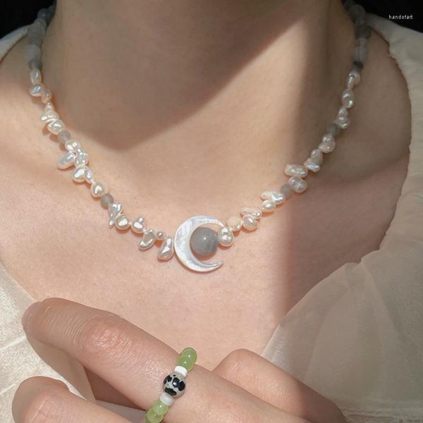 Anhänger Halsketten Minar Chinesischen Stil Grau Schwarz Naturstein Shell Mond Charme Armbänder Für Frauen Unregelmäßige Süßwasser Perle Perlen